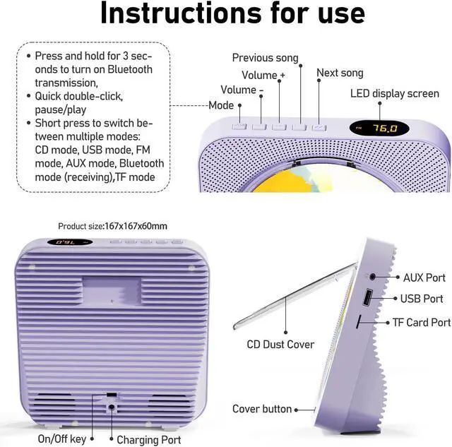 Alt view image 2 of 5 - CD Player Portable Bluetooth 5.1 Desktop CD Player with HiFi Sound Speakers,Remote Control,Dust Cover,LED Display,Boombox FM Radio,USB/AUX for Home,Kids (Purple)