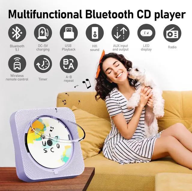 Alt view image 3 of 5 - CD Player Portable Bluetooth 5.1 Desktop CD Player with HiFi Sound Speakers,Remote Control,Dust Cover,LED Display,Boombox FM Radio,USB/AUX for Home,Kids (Purple)