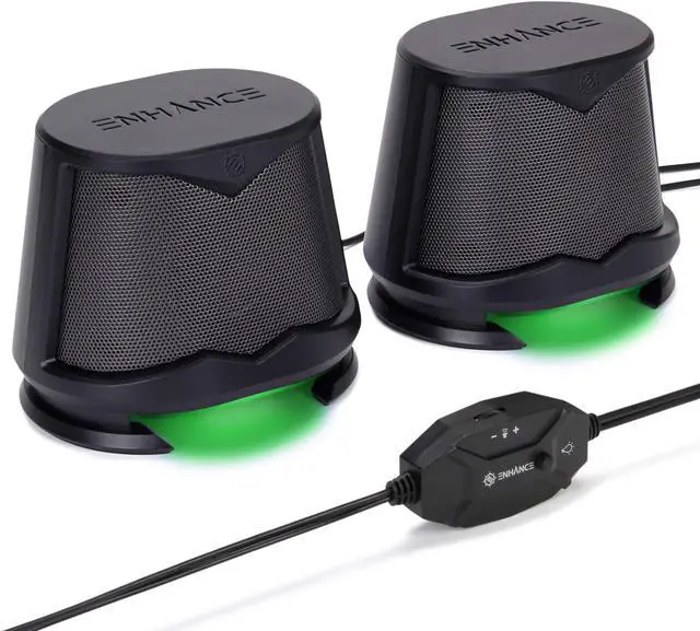Main image of ENHANCE SB2 Computer Speakers with Green LED Light, 2.0 USB Powered Stereo - Speakers for PC, Work from Home Accessories, Surround Sound with 3.5mm Plug - Compatible with Gaming Laptop, Desktop