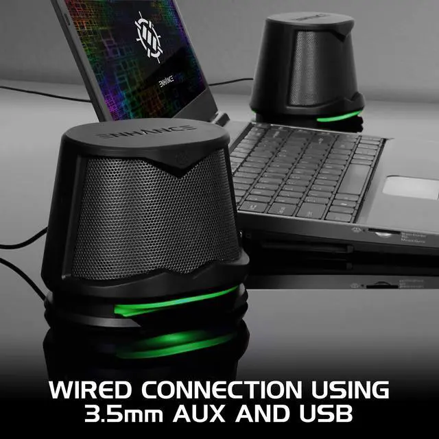 Alt view image 4 of 5 - ENHANCE SB2 Computer Speakers with Green LED Light, 2.0 USB Powered Stereo - Speakers for PC, Work from Home Accessories, Surround Sound with 3.5mm Plug - Compatible with Gaming Laptop, Desktop