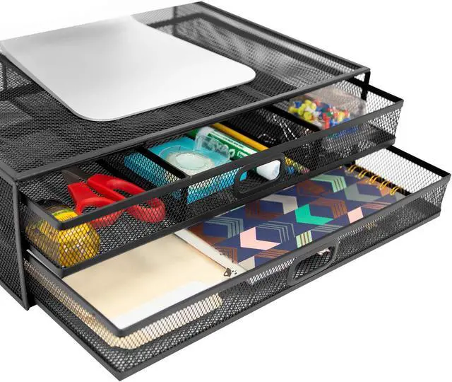 Main image of MOUNT-IT! Computer Monitor Stand With Drawers, Metal Mesh Riser and Organizer for Laptops and Computer Screens, Laptop, and Printer Accessories and Office Supplies (Black)