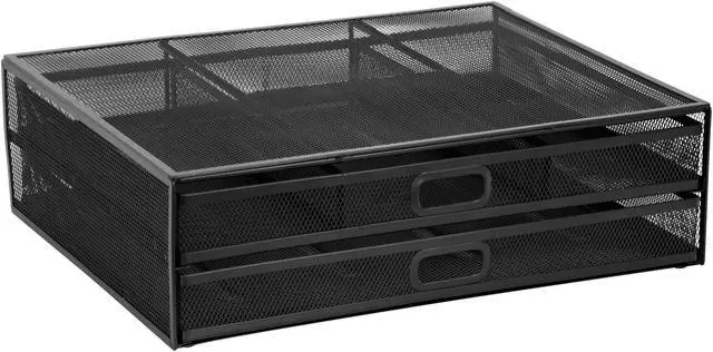 Alt view image 2 of 5 - MOUNT-IT! Computer Monitor Stand With Drawers, Metal Mesh Riser and Organizer for Laptops and Computer Screens, Laptop, and Printer Accessories and Office Supplies (Black)
