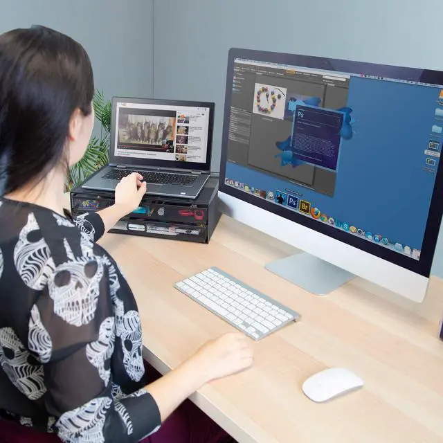 Alt view image 4 of 5 - MOUNT-IT! Computer Monitor Stand With Drawers, Metal Mesh Riser and Organizer for Laptops and Computer Screens, Laptop, and Printer Accessories and Office Supplies (Black)