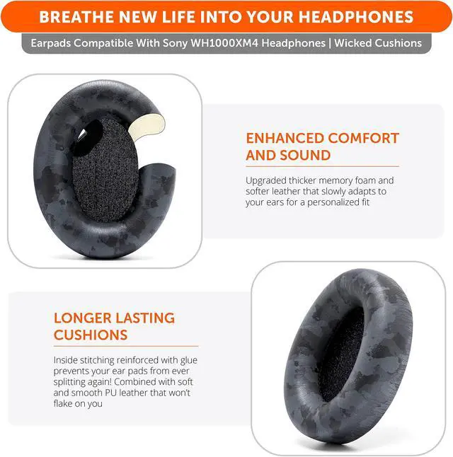 Alt view image 5 of 5 - WC Wicked Cushions Extra Thick Earpads for Sony WH1000XM4 Headphones - Soft PU Leather Cushions, Luxurious Noise Isolating Memory Foam, Added Thickness Without Disabling On/Off Sensor | Black Camo