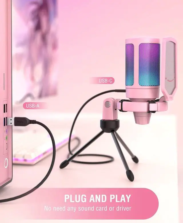 Alt view image 4 of 5 - FIFINE USB Gaming PC Microphone, Over-Ear 3.5mm/6.35mm Headphones, RGB Computer Condenser Desktop Mic with Quick Mute, Mic Gain, Monitoring Wired Headphones on PS4/PS5, for YouTube Video-Pink (A6P+H8)