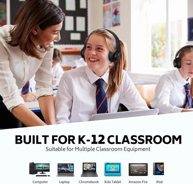 Alt view image 2 of 5 - AILIHEN Kids Headphones Wired for School Bulk, 6 Pack Headsets with Microphone for K-12th Grade Classroom, Students, Teens, 3.5mm Jack for Chromebook, Computer, Laptop (Black)