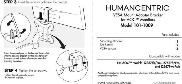 Alt view image 3 of 4 - HumanCentric VESA Mount Adapter Bracket Compatible with AOC i2367Fh/Fm/F, i2757Fh/Fm, i2067f, and i2267Fw/Fwh