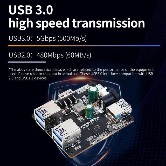 Alt view image 3 of 5 - Yahboom 4 Port USB 3.0 Hub for Raspberry Pi Jetson Nano ROS Robot, Compatible with USB 3.0/2.0/1.1 Driver-Free Plug&Play, Onboard External USB-A5V (Micro-USB)9~24V Power Port, for High-Power Device