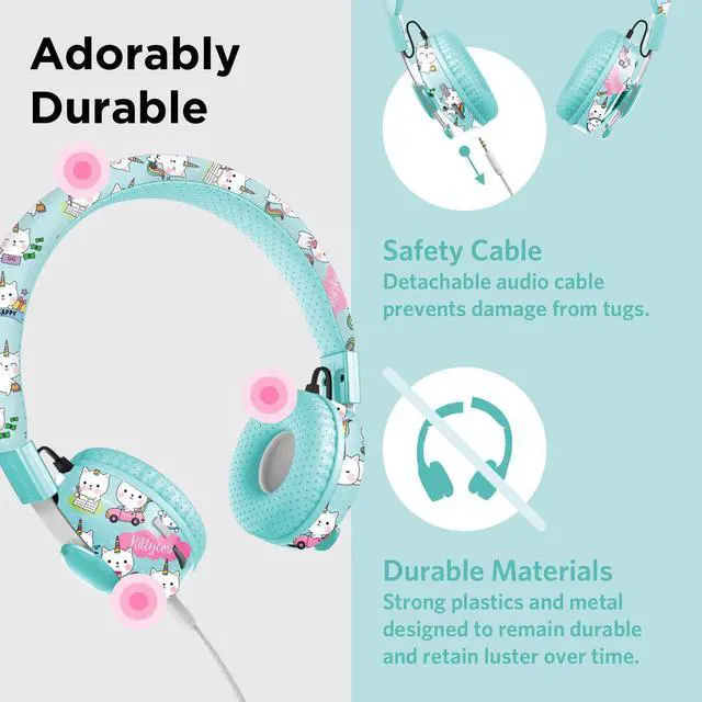 Alt view image 3 of 5 - LilGadgets Untangled Pro On-Ear Kids Wireless Headphone for School, Microphone, Volume Limited, SharePort Technology, SoftTouch Padding, Rainbow Cat Bluetooth Headphones