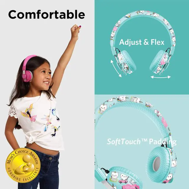 Alt view image 2 of 5 - LilGadgets Untangled Pro On-Ear Kids Wireless Headphone for School, Microphone, Volume Limited, SharePort Technology, SoftTouch Padding, Rainbow Cat Bluetooth Headphones