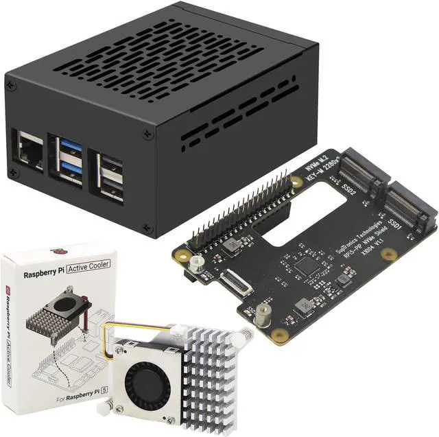 Main image of Geekworm X1004 PCIe to Dual M.2 HAT NVMe 2280 SSD PCIe Peripheral Board+P579-V2 Metal Case with Official Pi 5 Active Cooler for Raspberry Pi 5