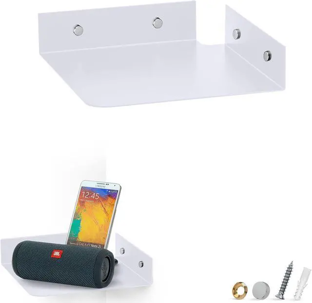 Main image of 8" Metal Corner Wall Mount Shelf for Baby Monitors, Security Cameras, Sonos Speaker, Also For Wif Routers, Decor, Plants, Router, Photos, Kitchen, Bathroom, Cable Box & More, Universal (White)