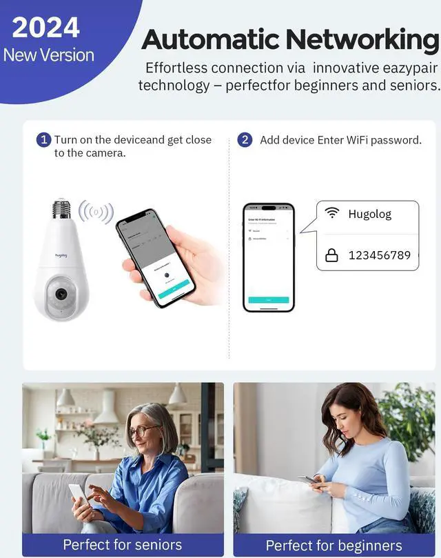 Alt view image 5 of 5 - Hugolog 3K Indoor Camera+2K Light Bulb Security Cameras Wireless Outdoor - 2.4GHz Cameras for Home Security Indoor with AI Motion Detection,Starlight Color Night Vision, 360°Auto Tracking