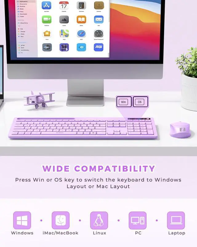 Alt view image 3 of 5 - Wireless Keyboard and Mouse for MacBook, seenda Full-Size Purple Keyboard with Phone Holder, 2.4G USB A & Type C Receiver, Compatible for Mac, MacBook/Air/Pro Windows Computer/Desktop/Laptop