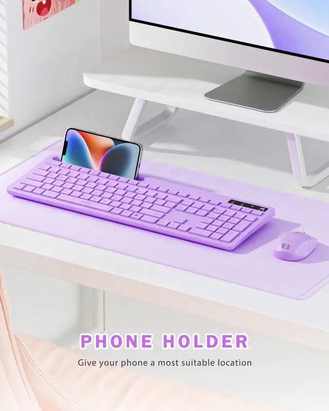 Alt view image 5 of 5 - Wireless Keyboard and Mouse for MacBook, seenda Full-Size Purple Keyboard with Phone Holder, 2.4G USB A & Type C Receiver, Compatible for Mac, MacBook/Air/Pro Windows Computer/Desktop/Laptop