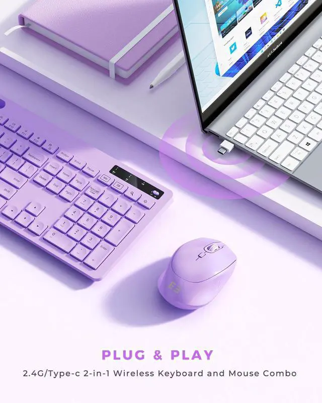 Alt view image 4 of 5 - Wireless Keyboard and Mouse for MacBook, seenda Full-Size Purple Keyboard with Phone Holder, 2.4G USB A & Type C Receiver, Compatible for Mac, MacBook/Air/Pro Windows Computer/Desktop/Laptop
