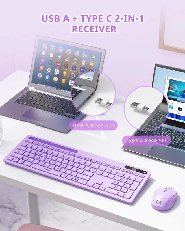 Alt view image 2 of 5 - Wireless Keyboard and Mouse for MacBook, seenda Full-Size Purple Keyboard with Phone Holder, 2.4G USB A & Type C Receiver, Compatible for Mac, MacBook/Air/Pro Windows Computer/Desktop/Laptop