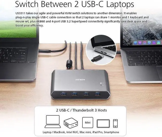 Alt view image 3 of 5 - ATEN US3311 2-Port USB-C KVM Switch 2 PC 1 Monitor DisplayPort Out - 8K / 4K - 144hz 120Hz 60Hz 4-Port USB 3.2 DP 1.4 PD 3.0 for Windows PC and Mac