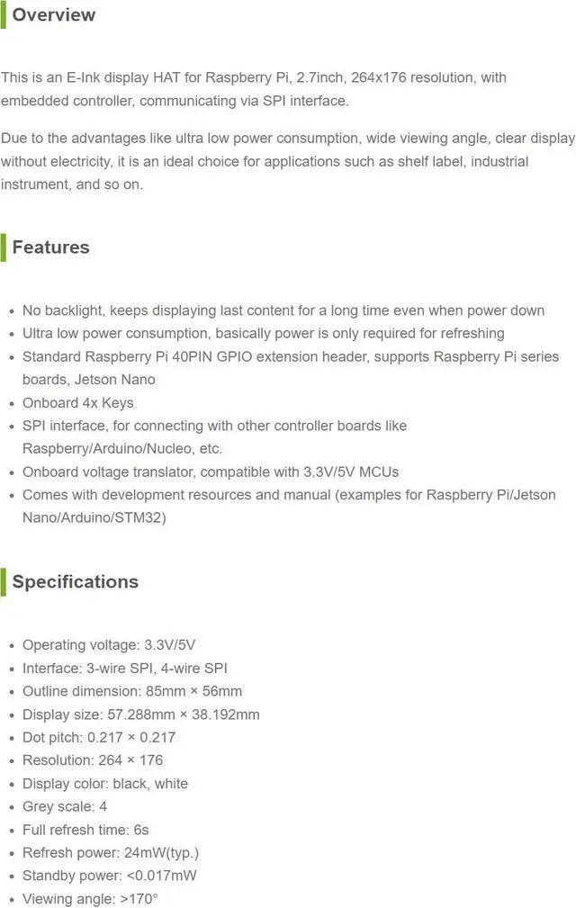 Alt view image 2 of 5 - waveshare 2.7inch E-Ink Display HAT Compatible with Raspberry Pi 4B/3B+/3B/2B/B+/A+/Zero/Zero W/WH/Zero 2W Series Boards 264x176 Resolution SPI Interface