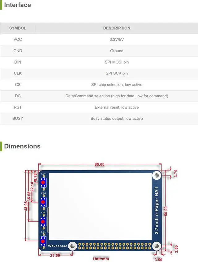 Alt view image 3 of 5 - waveshare 2.7inch E-Ink Display HAT Compatible with Raspberry Pi 4B/3B+/3B/2B/B+/A+/Zero/Zero W/WH/Zero 2W Series Boards 264x176 Resolution SPI Interface