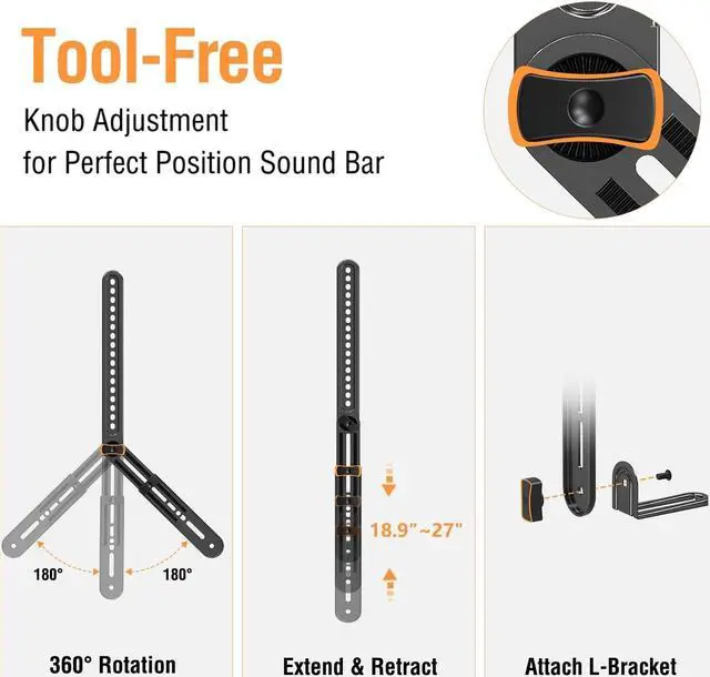 Alt view image 4 of 5 - ELIVED Soundbar Mount, Sound Bar TV Bracket, for Mounting Above or Under TV, Fits Most Sound Bars Up to 15 Lbs, Tool-Free Knob Adjustable, for 23-90" TVs with Detachable Extension Arms and L-Brackets