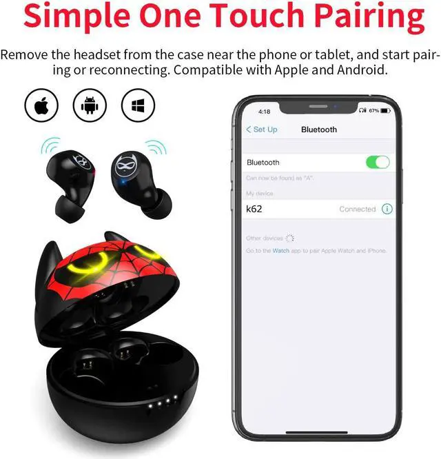Alt view image 2 of 5 - AMAFACE Wireless Earbuds for Youth Guys, Truly Wireless Headphones Stereo Sound in-Ear with Mic Touch Control, Sweat-Proof Bluetooth 5.1 Noise Reduction Earphones with Cartoon Red Charging Case.