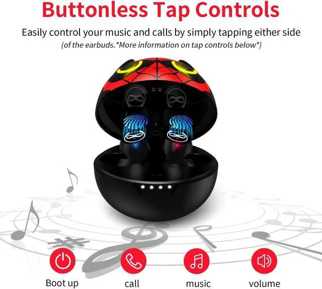 Alt view image 3 of 5 - AMAFACE Wireless Earbuds for Youth Guys, Truly Wireless Headphones Stereo Sound in-Ear with Mic Touch Control, Sweat-Proof Bluetooth 5.1 Noise Reduction Earphones with Cartoon Red Charging Case.
