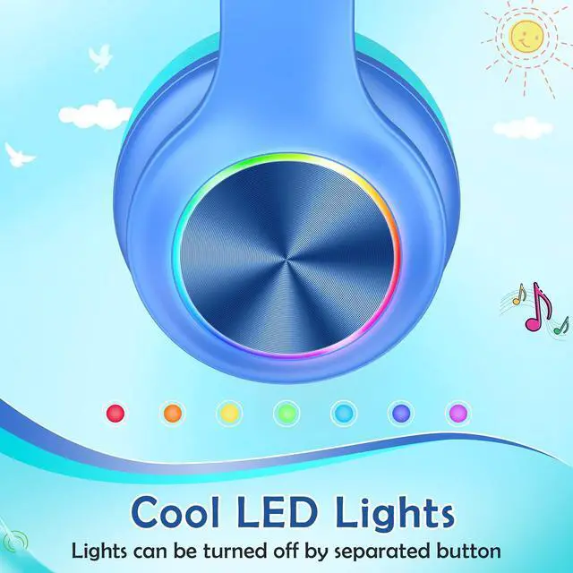 Alt view image 3 of 5 - Candy Bila Bluetooth Kids Headphones Fit for Aged 3-21, Colorful LED Lights Comfort Wireless Headphones with Microphone 94dB Volume Limited for School/iPad/PC/TV/Cellphones, Wired & TF Card Mode,Blue