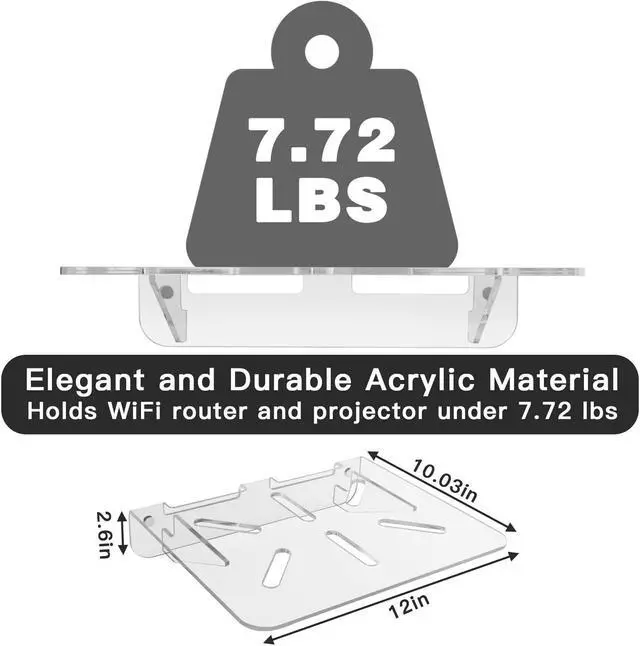 Alt view image 3 of 5 - CaSZLUTION WiFi Router Wall Mount Shelf, Acrylic Floating Wall Shelf Holder, Universal Storage Shelf Stand for Router, Modem, Mini Projector, TV Box, Speaker and etc., 12.2 X 10.03 Inch (Clear)