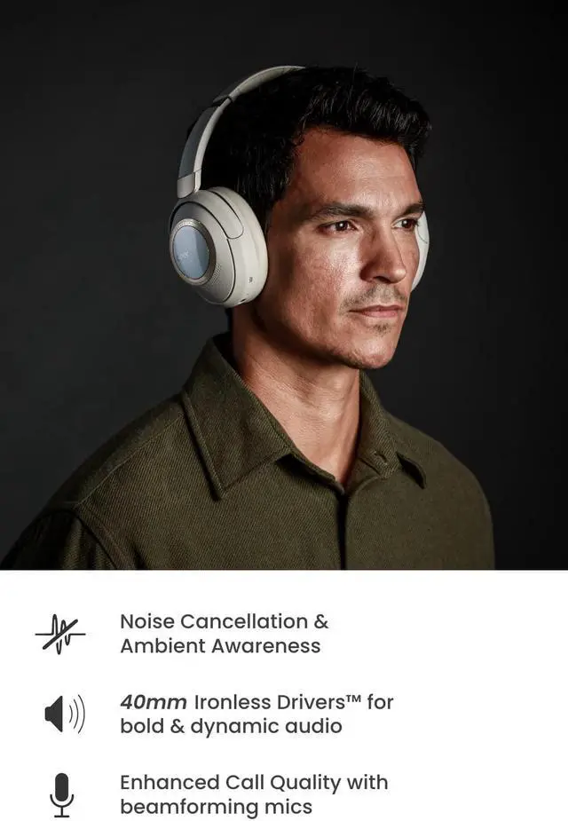 Alt view image 4 of 5 - Cleer Audio Alpha Adaptive Active Noise Canceling Bluetooth Headphones, Dual-Microphone, Touch Controls, 35 Hr Battery Life, Multipoint Connection, Dirac Spatial Audio, App, Stone