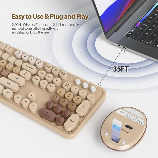 Alt view image 2 of 5 - Fogruaden Wireless Keyboard and Mouse Combo, Retro Typewriter Full-Size Keyboard with Number Pad and Cute Mouse, Gradient Colorful Computer Keyboard for Windows PC Desktops Laptop