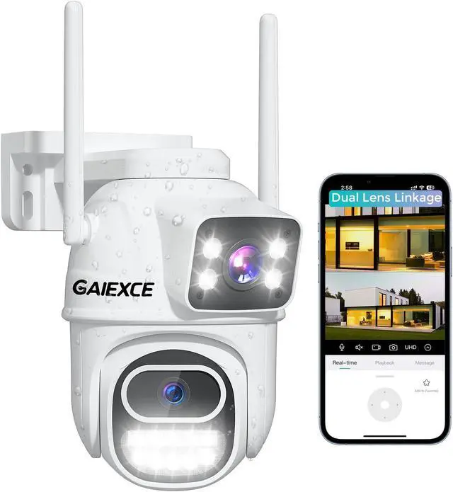 Main image of GAIEXCE WiFi Security Camera Outdoor Wireless, 6MP Dual Lens Plug-in 360 Security Camera, Human Auto Tracking, AI Motion Detection, Color Night Vision, No Monthly Fees, Works with Alexa, 2.4G WiFi