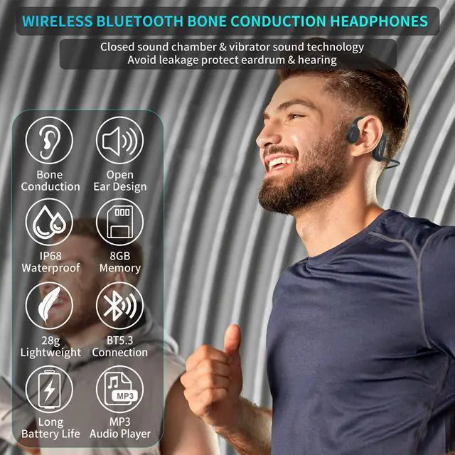 Alt view image 2 of 5 - JIMBOBO Wireless Bone Conduction Headphones Bluetooth 5.3 Open Ear Earphones with Mic 8GB Memory MP3 Player IPX7 Waterproof Sports Earbuds for Swimming Running Workout Cycling