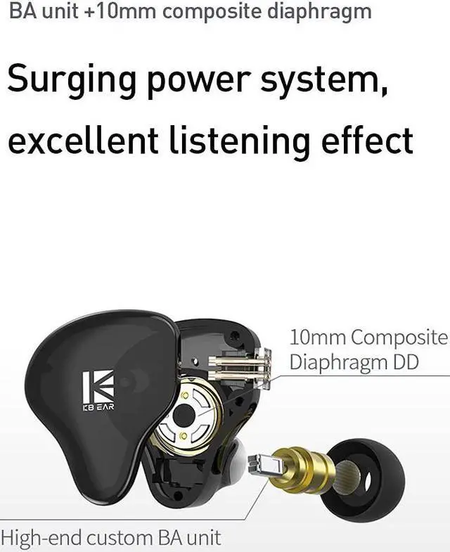 Alt view image 2 of 5 - Kinboofi KBEAR KS2 in Ear Earphone, 1BA 1DD Stereo IEM, HiFi Noise Cancelling Sport Hybrid Headphones with PCB Frequency Board, 2 PIN Detachable Cable, for Audiophile (with Mic, Black)