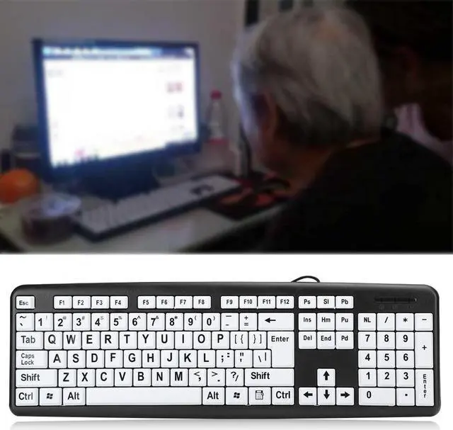 Alt view image 2 of 5 - Large Print Computer Keyboard, 104 Keys USB Wired Computer Keyboard Visually Impaired Individuals Wired Keyboard for Senior Citizens in Low and Dim Lighted Areas(Black)