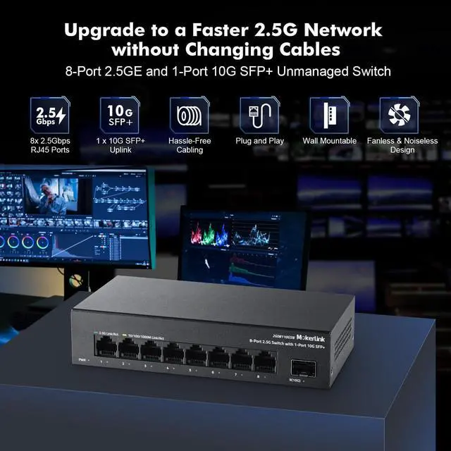 Alt view image 2 of 5 - MokerLink 8 Port 2.5G Ethernet Switch with 10G SFP+ Slot, 8x2.5G Base-T Ports Compatible with 100/1000Mbps, Mini Size, Metal Unmanaged Fanless Multigigabit Network Switch