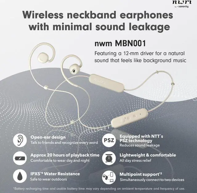 Alt view image 2 of 5 - nwm NTT Sonority Wireless Open-Ear Speakers (Neckband) with PSZ Technology MBN001 White Beige