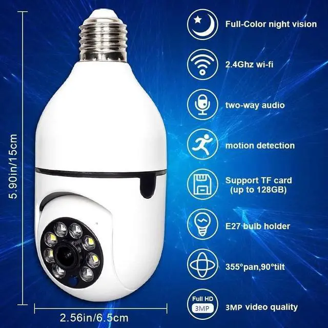 Alt view image 2 of 5 - 3MP Light Bulb Security Camera for Home Security, 360° WiFi Smart Light Socket Security Camera Outdoor Wireless, Lightbulb Camera with Motion Detection, Two Way Talk, Compatible with Alexa (1Pack)