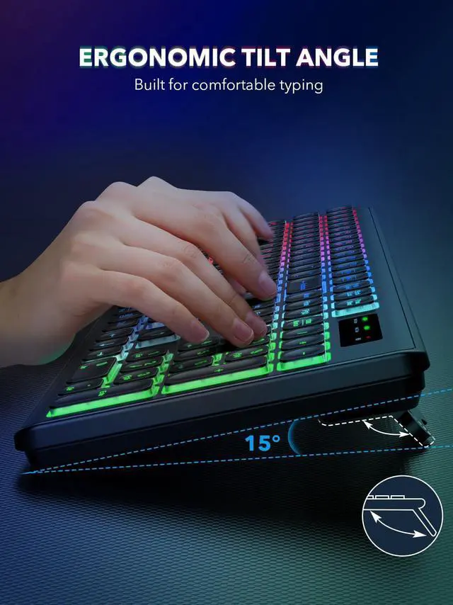 Alt view image 3 of 5 - Wireless Keyboard and Mouse Backlit, Quiet Light Up Keys, Tilt Legs, Sleep Mode - Rechargeable USB Cordless Combo for Computer, iMac, PC, Laptop - by SABLUTE, Black