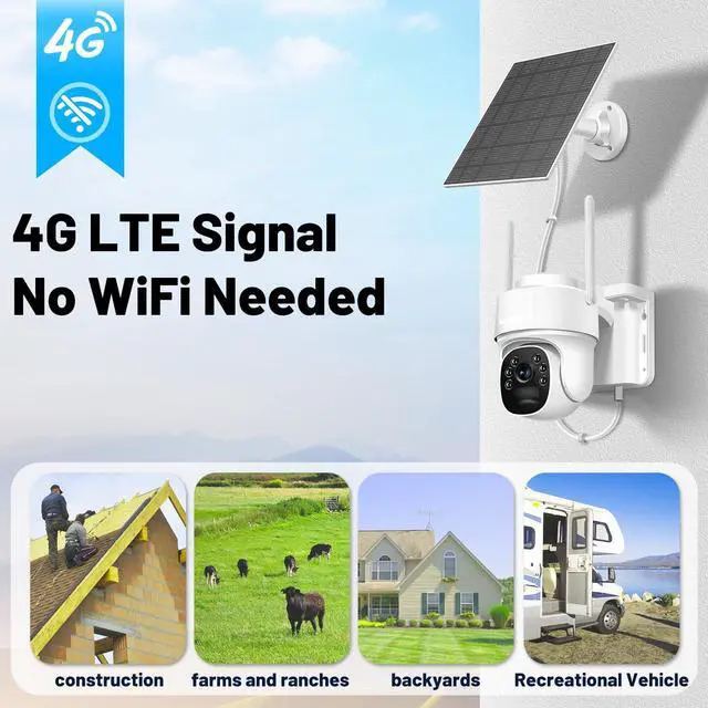 Alt view image 4 of 5 - 4G LTE Cellular Security Camera, Solar-Powered No WiFi Needed Wireless Outdoor Security Camera with PIR Motion Sensor, 355° Live View, 2K HD Night Vision, Remote Access, 2-Way Audio, Built-in SIM Card