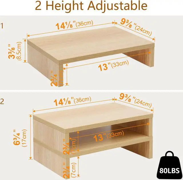Alt view image 5 of 5 - TEAMIX Wood Monitor Stand Riser - 2 Pack Adjustable Dual Monitor Riser for Laptop/PC