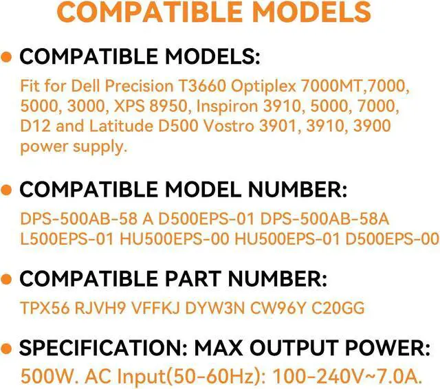 Alt view image 4 of 5 - Power Supply 500W Compatible with DELL XPS 8950 Vostro 3901 3910 Inspiron 3910 D12 Latitude D500 Optiplex 7000MT 7000 Precision T3660 L500EPS-01 VFFKJ DYW3N DPS-500AB-58A D500EPS-01 HU500EPS-00