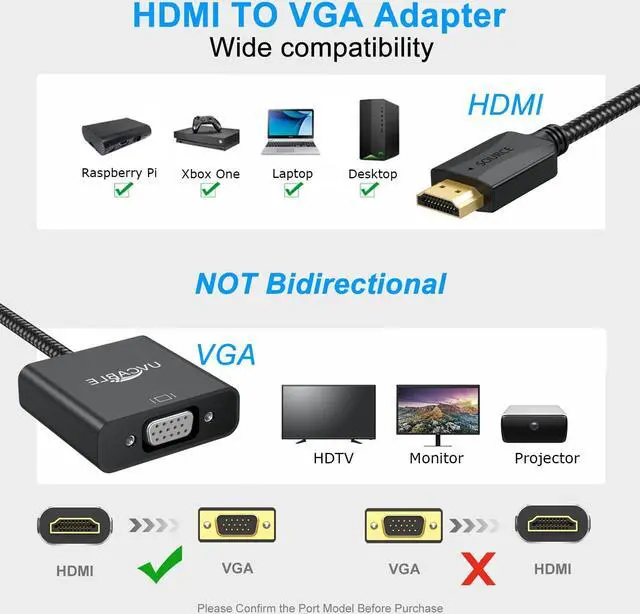 Alt view image 2 of 5 - HDMI to VGA Adapter 5 Pack Black,Braided HDMI to VGA Adapter Male to Female Cable 1080P for Desktop, Laptop, PC, Monitor, Projector, HDTV, Chromebook, Raspberry Pi, Roku, Xbox and More-Braided