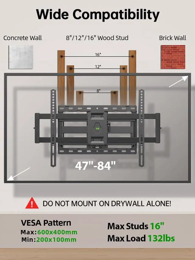 Alt view image 3 of 5 - USX MOUNT Full Motion TV Wall Mount for Most 47-84 inch Flat Screen/LED/4K TV, TV Mount Bracket Dual Swivel Articulating Tilt 6 Arms, Max VESA 600x400mm, Holds up to 132lbs, Fits 8 12 16" Wood Studs