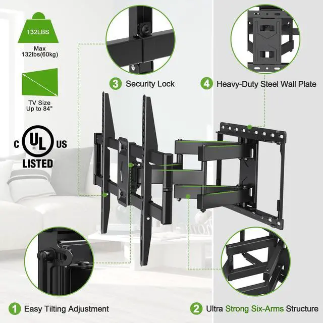 Alt view image 4 of 5 - USX MOUNT Full Motion TV Wall Mount for Most 47-84 inch Flat Screen/LED/4K TV, TV Mount Bracket Dual Swivel Articulating Tilt 6 Arms, Max VESA 600x400mm, Holds up to 132lbs, Fits 8 12 16" Wood Studs