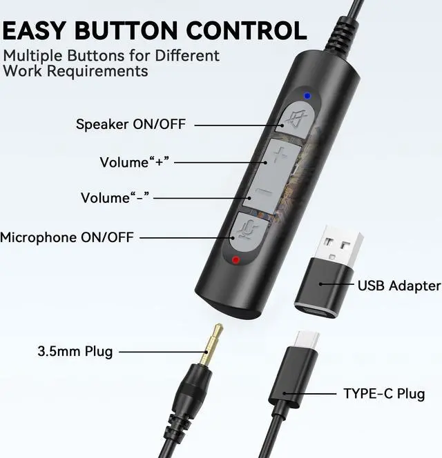 Alt view image 4 of 5 - Wantek Headset with Microphone for PC Wired Headphones - USB C 3.5mm Headsets with Noise-Cancelling Microphone for Laptop