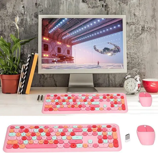 Alt view image 2 of 5 - Zyyini USB Keyboard and Mouse Combo, 2.4G USB Retro Multi-Color Cute Mute Cover Keypad and Kit,110 Keys Office Typewriter Round Keycap,Cute Candy Colors, for