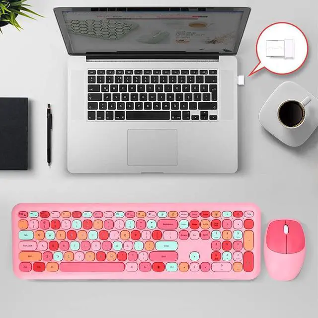 Alt view image 3 of 5 - Zyyini USB Keyboard and Mouse Combo, 2.4G USB Retro Multi-Color Cute Mute Cover Keypad and Kit,110 Keys Office Typewriter Round Keycap,Cute Candy Colors, for