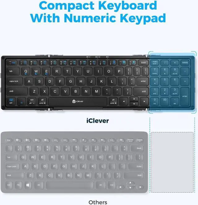 Alt view image 2 of 5 - iClever Foldable Keyboard with Number Pad, BK09 Wireless Portable Keyboard for Travel and Business Trip, USB-C Charging Compact Keyboard for iPad, iPhone Mac Android Windows iOS, Sync up to 3 Devices