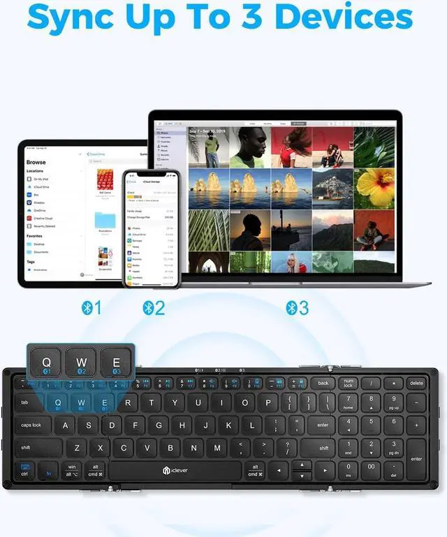 Alt view image 3 of 5 - iClever Foldable Keyboard with Number Pad, BK09 Wireless Portable Keyboard for Travel and Business Trip, USB-C Charging Compact Keyboard for iPad, iPhone Mac Android Windows iOS, Sync up to 3 Devices
